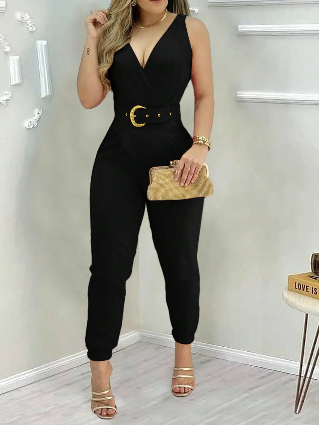 Slayr Women's Solid Color V-Neck Pleated Sleeveless Jumpsuit For Daily & Office Wear, Summer