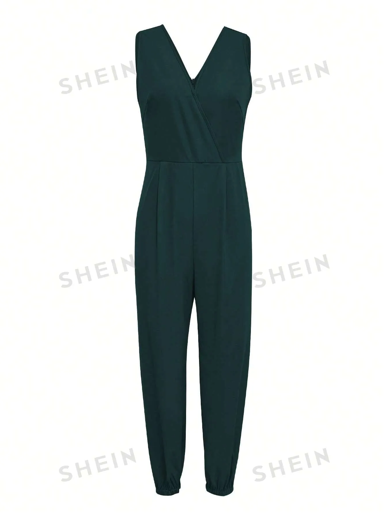 Slayr Women's Solid Color V-Neck Pleated Sleeveless Jumpsuit For Daily & Office Wear, Summer