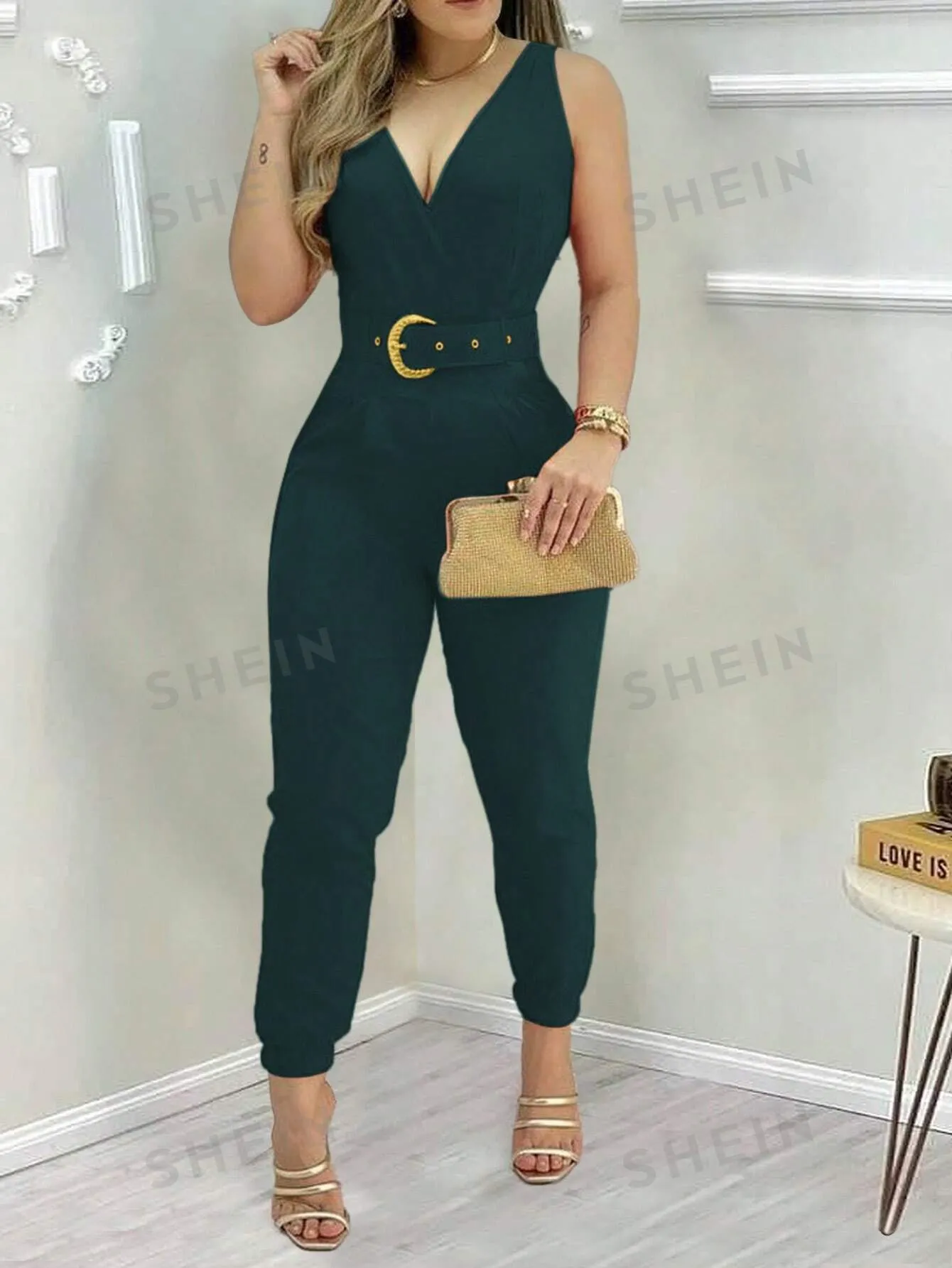 Slayr Women's Solid Color V-Neck Pleated Sleeveless Jumpsuit For Daily & Office Wear, Summer