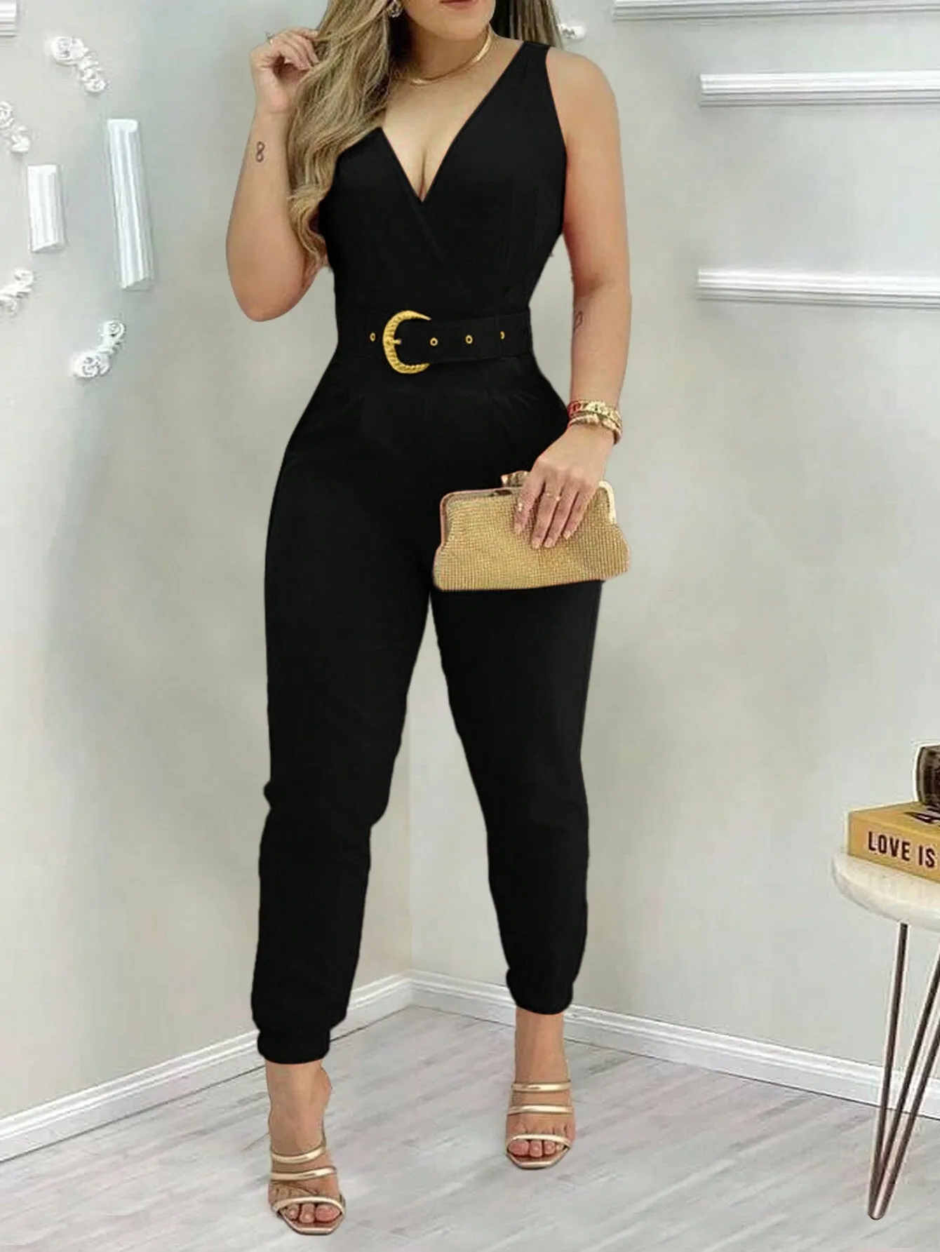 Slayr Women's Solid Color V-Neck Pleated Sleeveless Jumpsuit For Daily & Office Wear, Summer