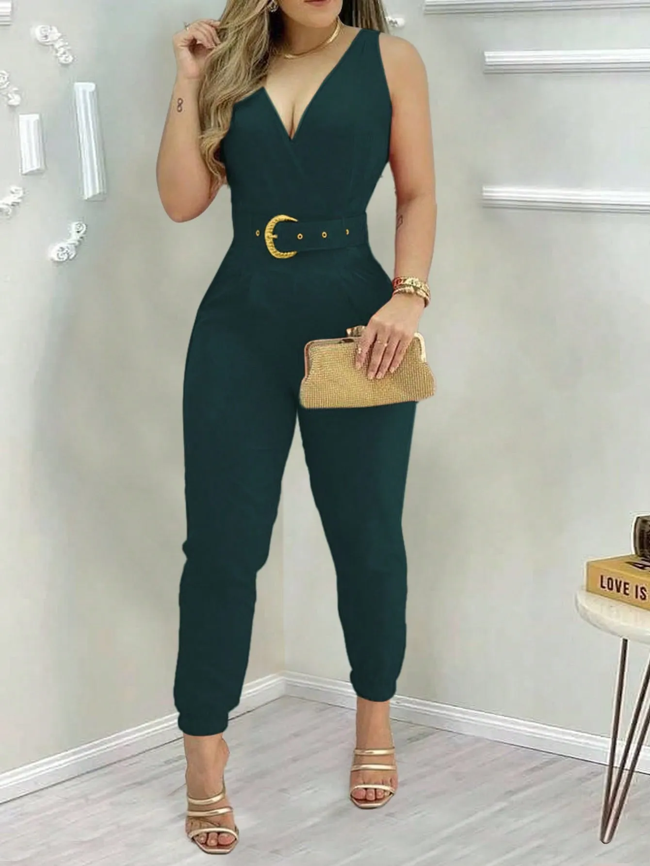 Slayr Women's Solid Color V-Neck Pleated Sleeveless Jumpsuit For Daily & Office Wear, Summer