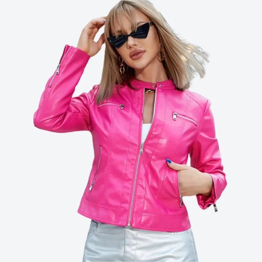 Sleek Zippered Faux Leather Biker Jackets
