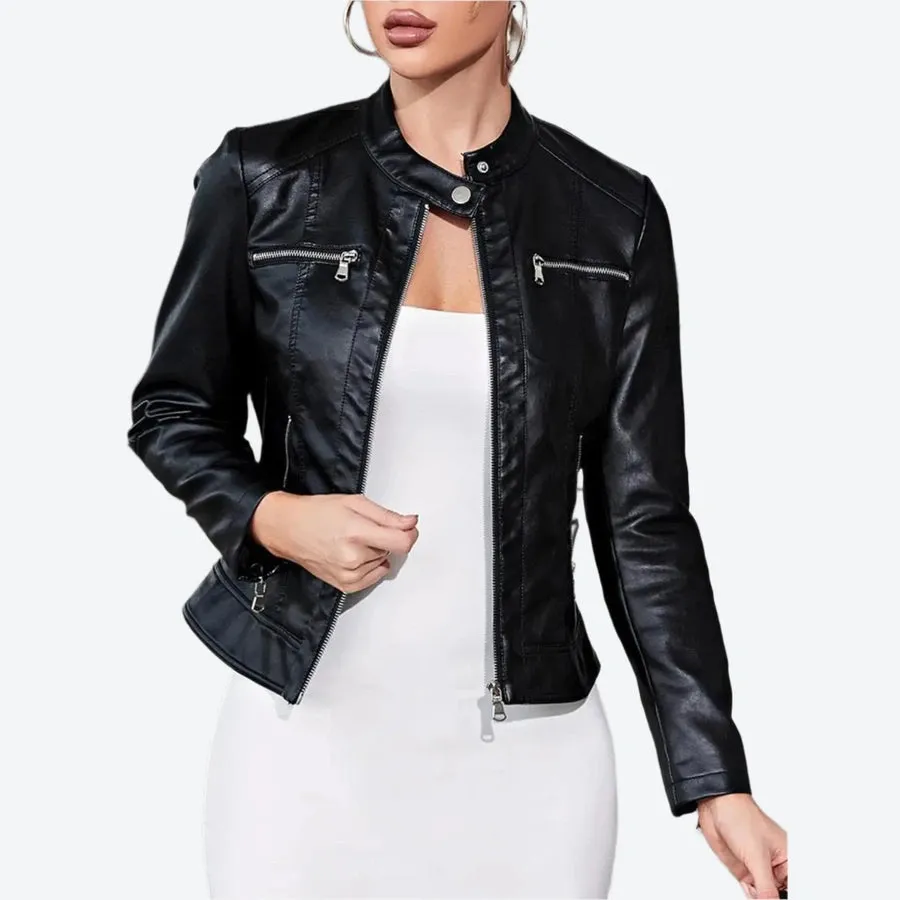 Sleek Zippered Faux Leather Biker Jackets