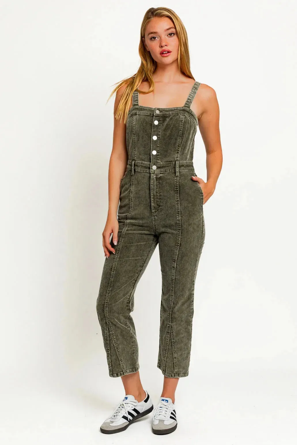 Sleeveless Adjustable Strap Washed Corduroy Jumpsuit