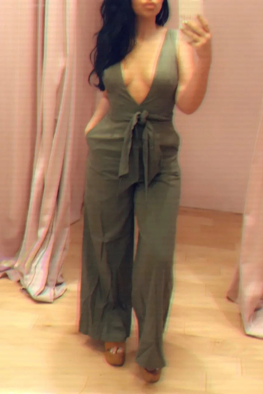 Sleeveless Deep V Wide Leg Jumpsuit