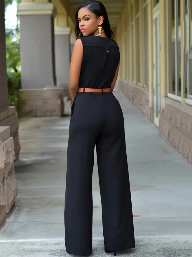 Sleevelesss V Neck Solid Wide Leg Jumpsuit