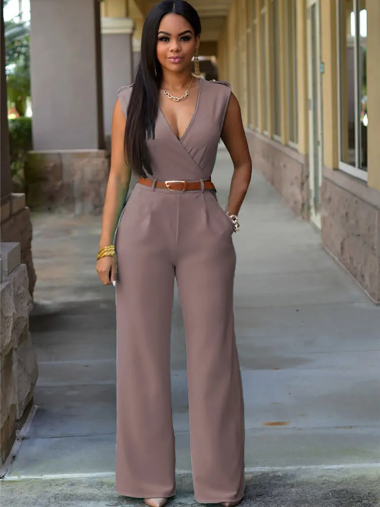Sleevelesss V Neck Solid Wide Leg Jumpsuit