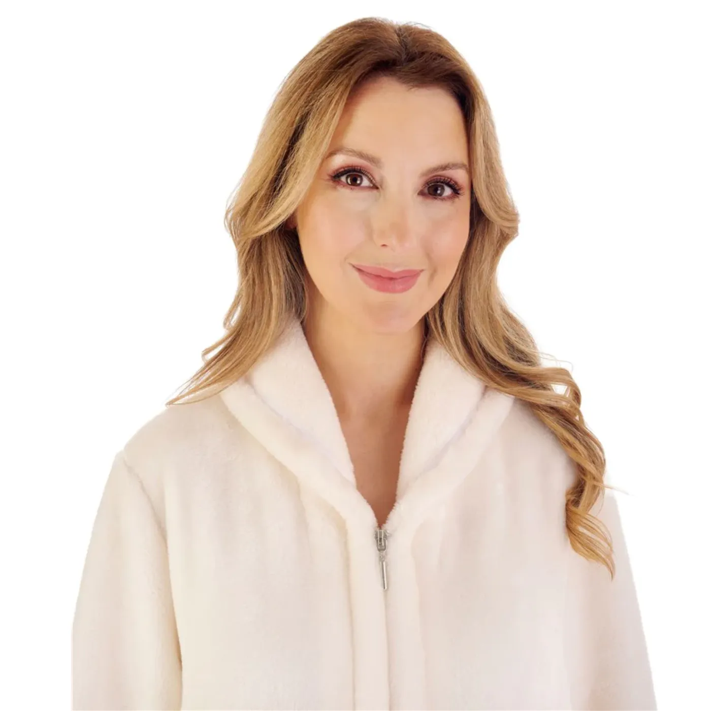 Slenderella Luxury Flannel Fleece Zip Through Housecoat | Cream