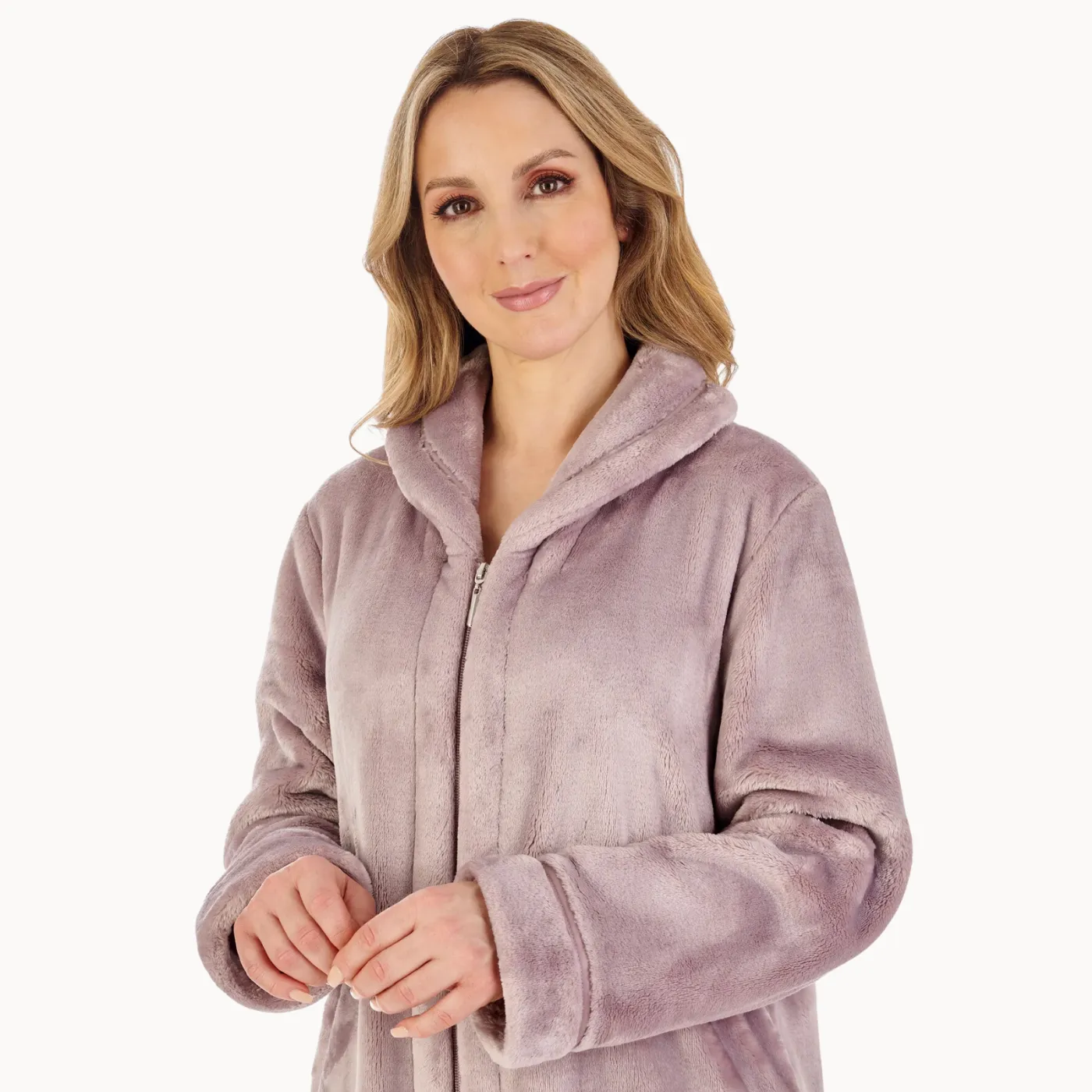 Slenderella Luxury Flannel Fleece Zip Through Housecoat | Mink