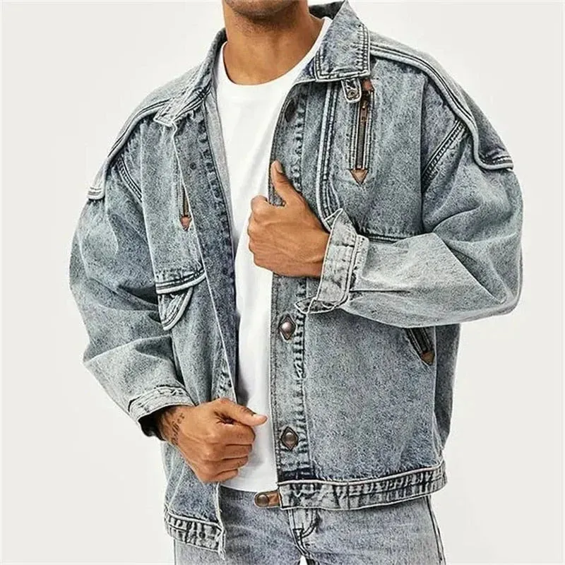 Slim-fit denim moto jacket in Roman style