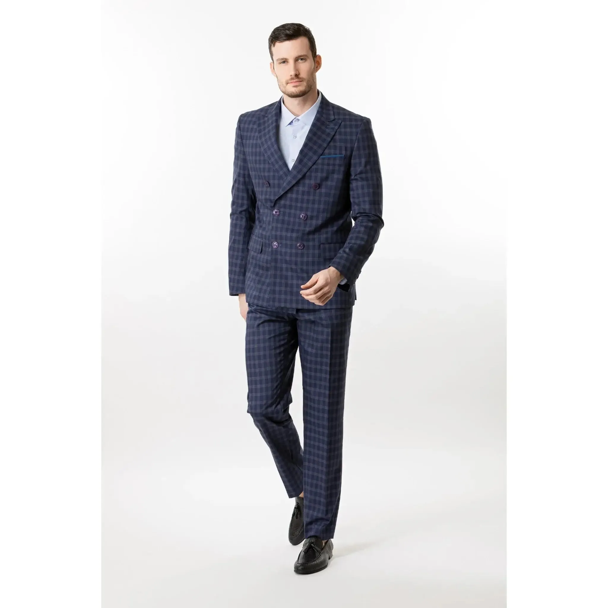Slim Fit Trousers Blue Grey Check