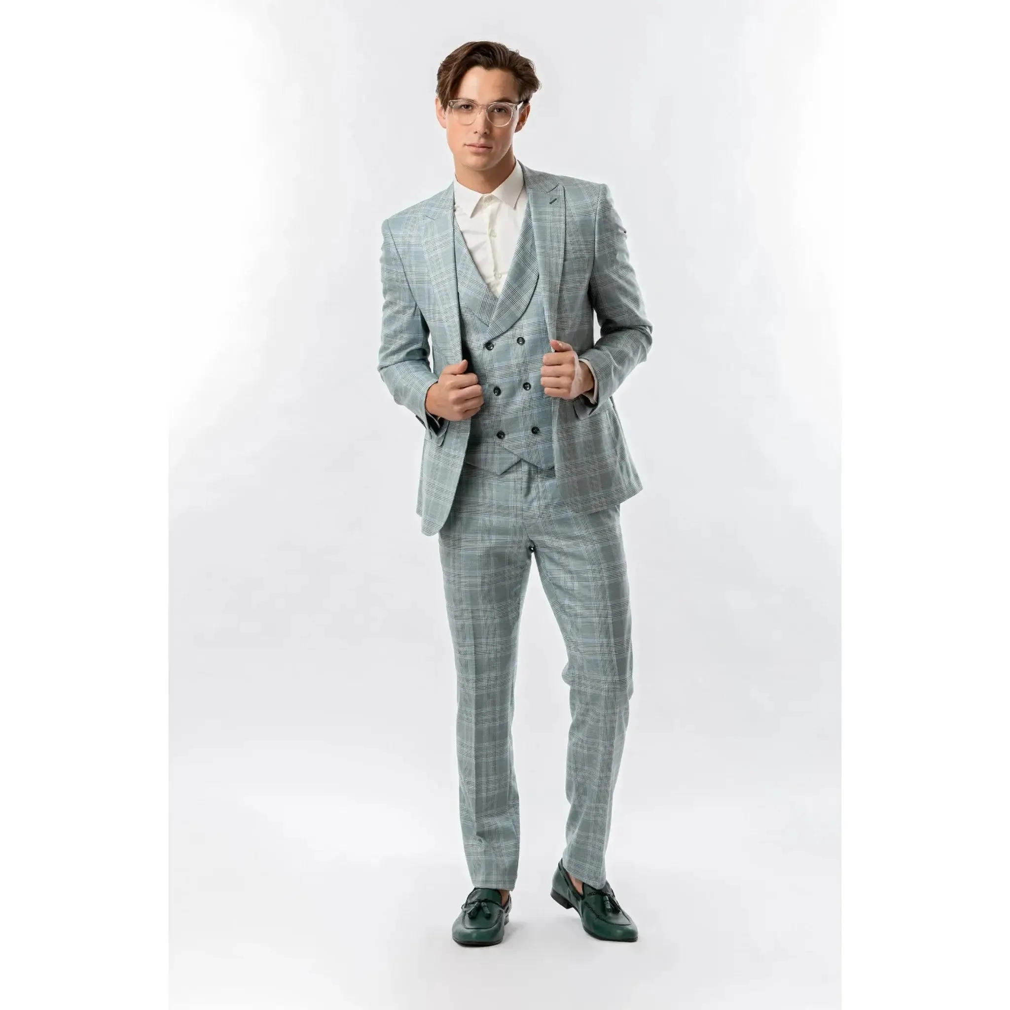 Slim Fit Trousers Teal Plaid