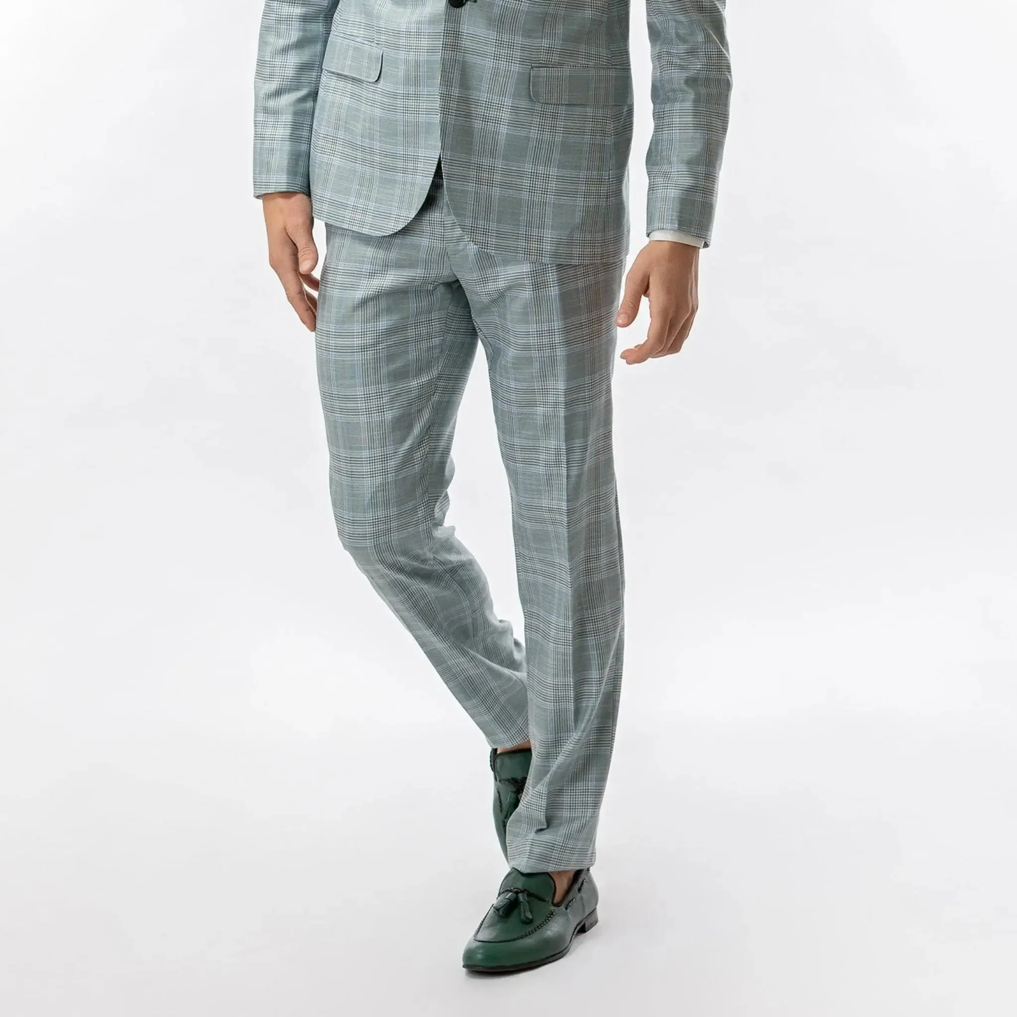 Slim Fit Trousers Teal Plaid