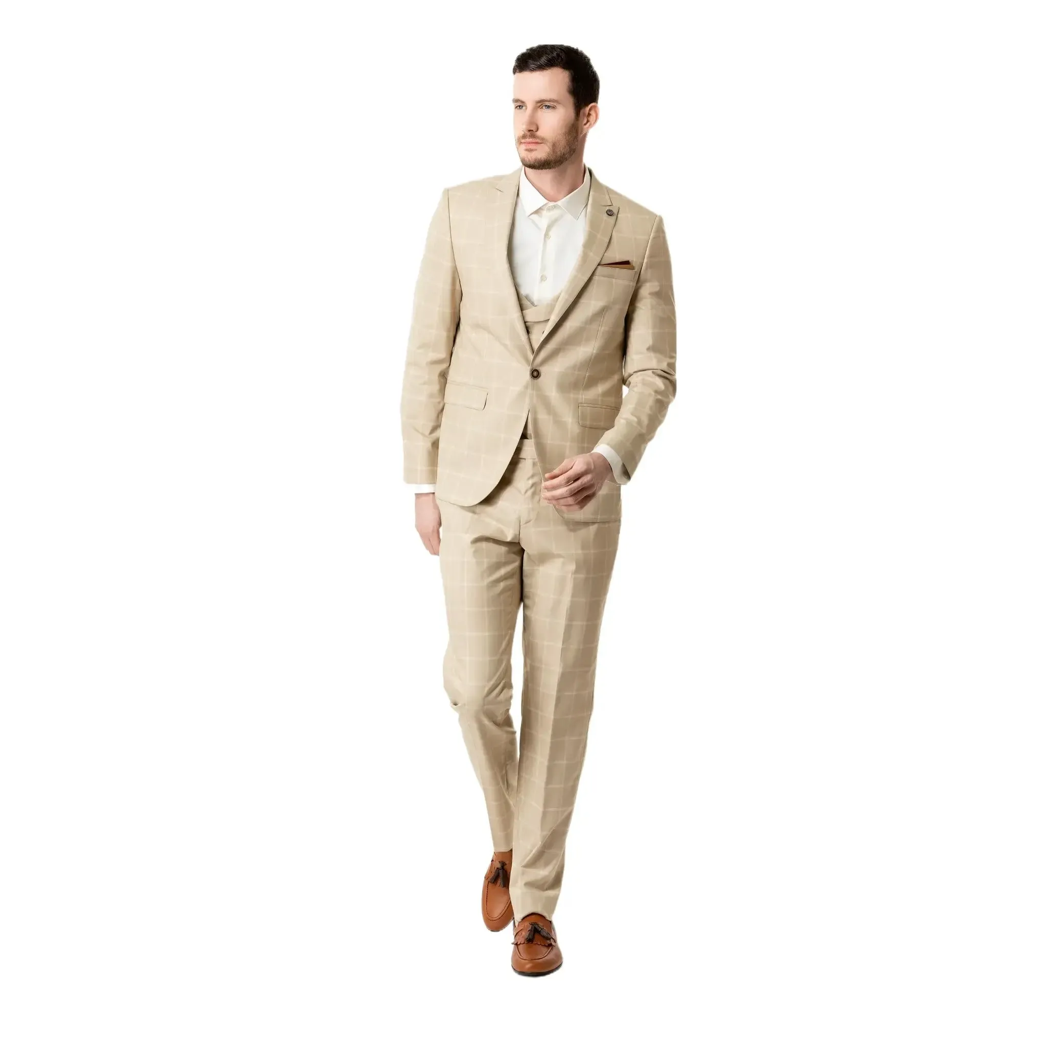 Slim Fit Vest Beige Windowpane
