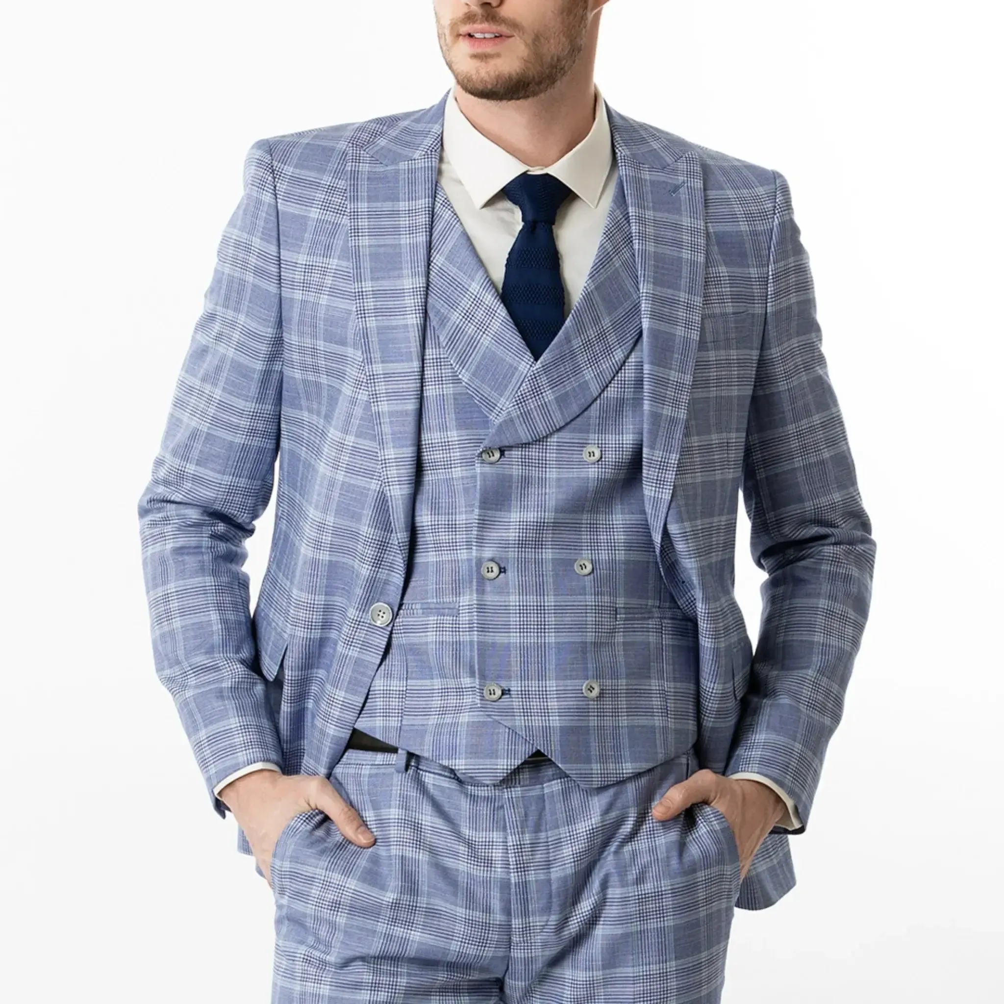 Slim Fit Vest Blue And White Plaid