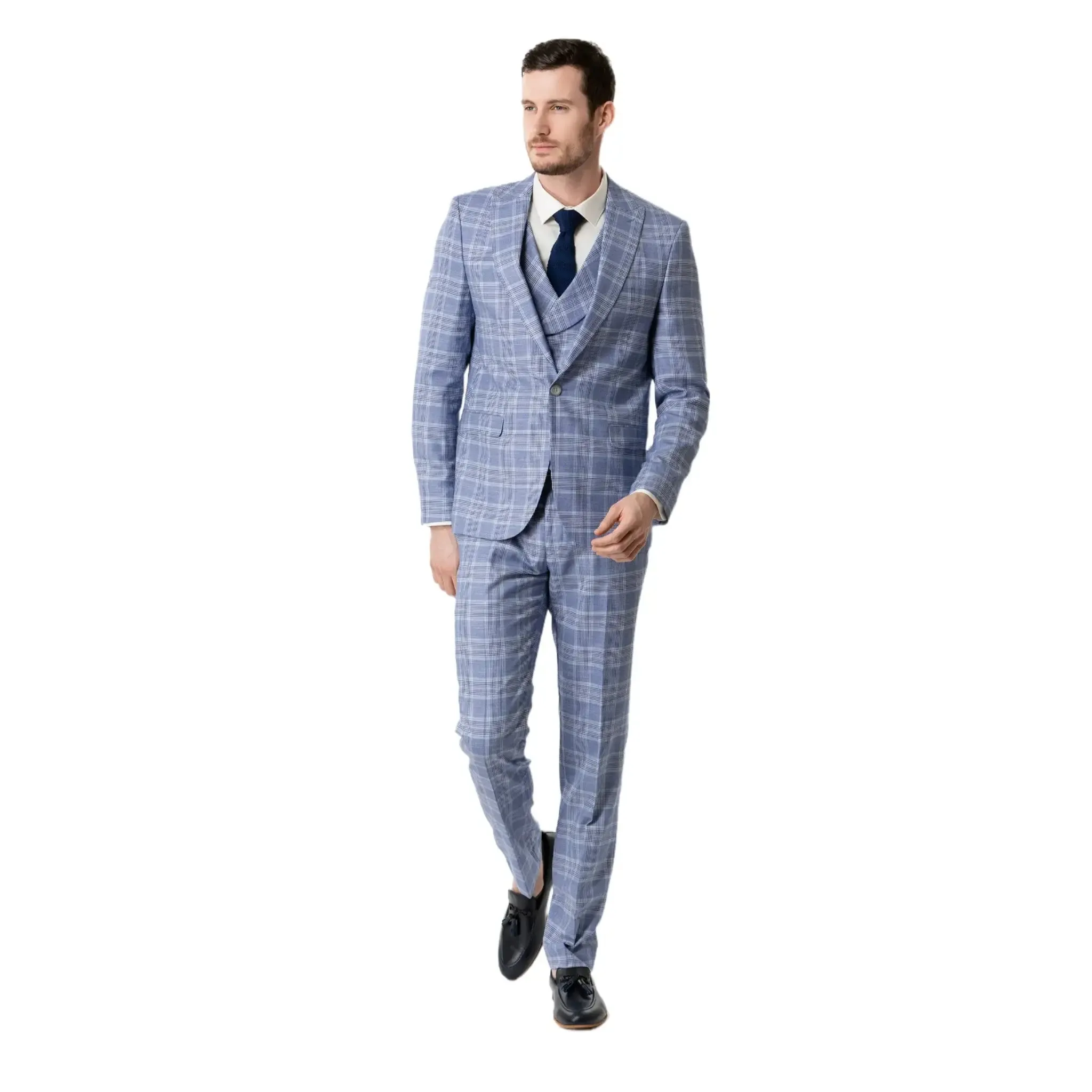 Slim Fit Vest Blue And White Plaid