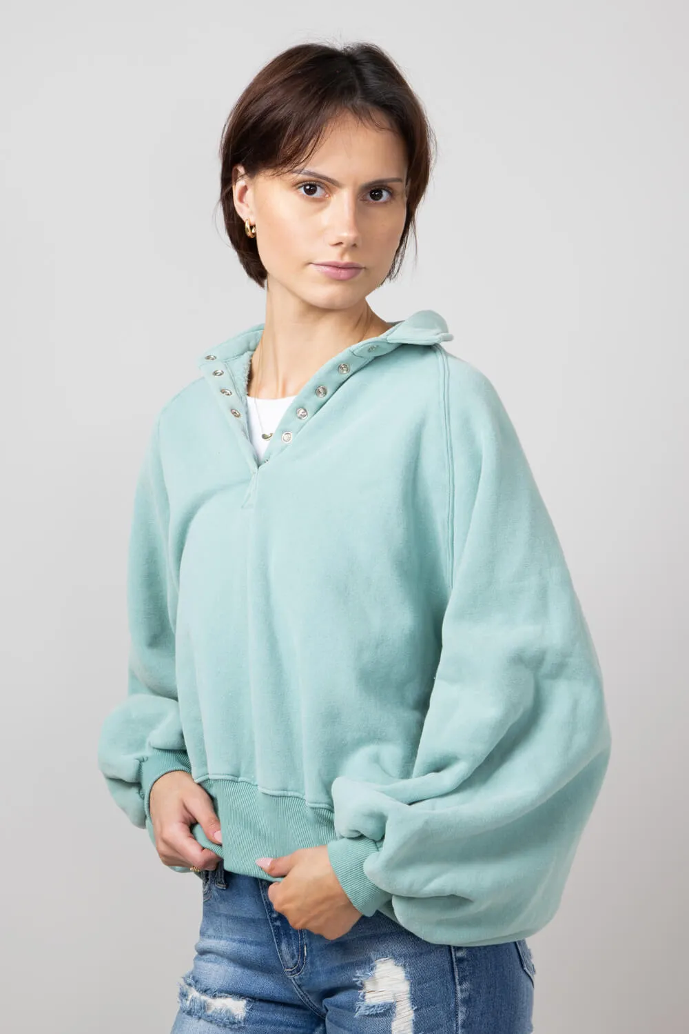 Snap Button Collared Fleece for Women in Sage | PT16060-SAGE