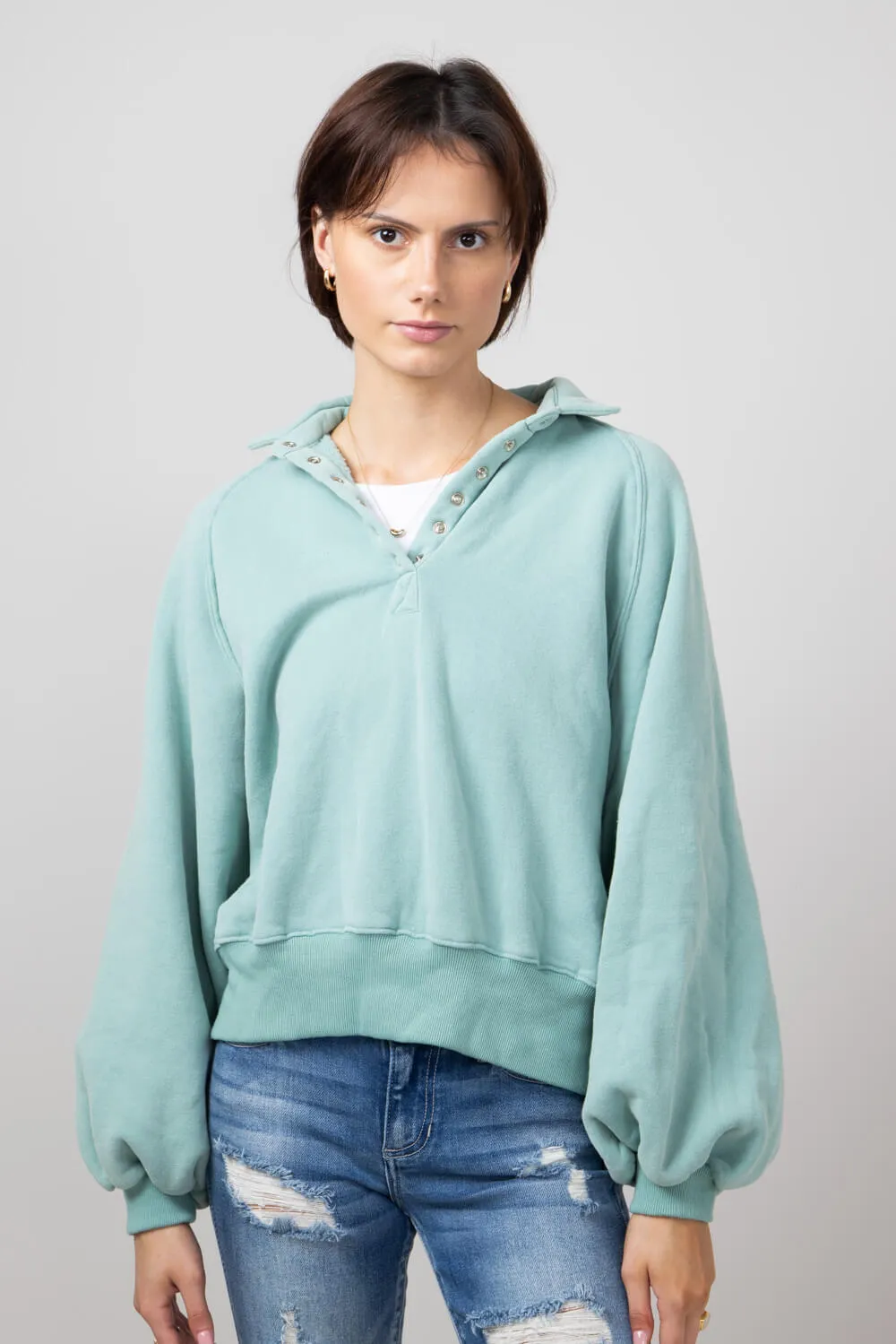 Snap Button Collared Fleece for Women in Sage | PT16060-SAGE
