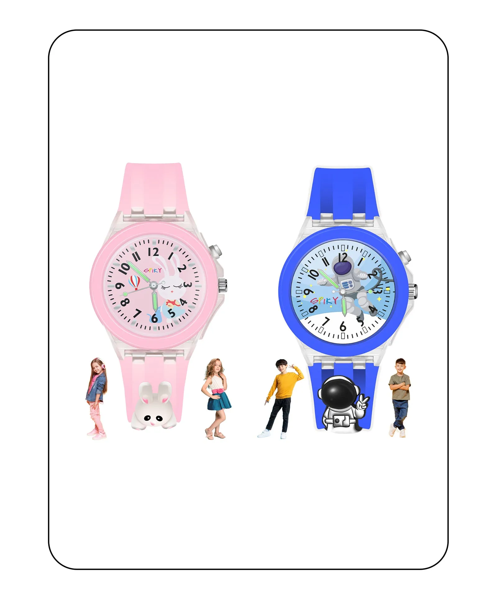 Spiky 3D Butterfly & Monkey Cartoon Analog Light Watch Combo - Puple & Blue