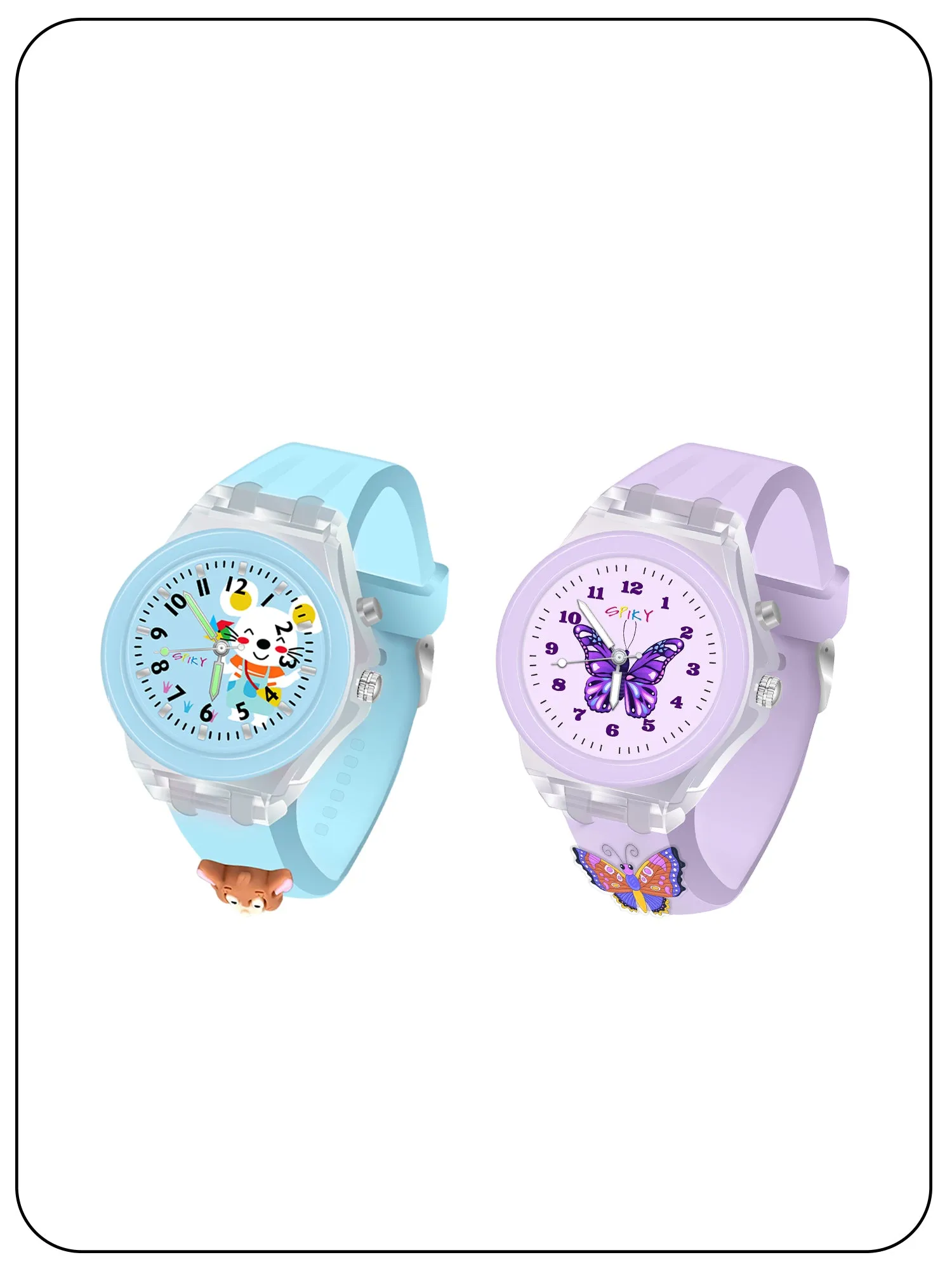 Spiky 3D Butterfly & Monkey Cartoon Analog Light Watch Combo - Puple & Blue