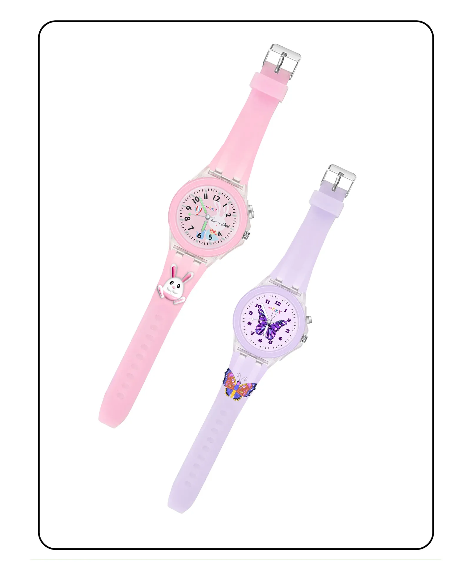 Spiky 3D Butterfly & Monkey Cartoon Analog Light Watch Combo - Puple & Blue