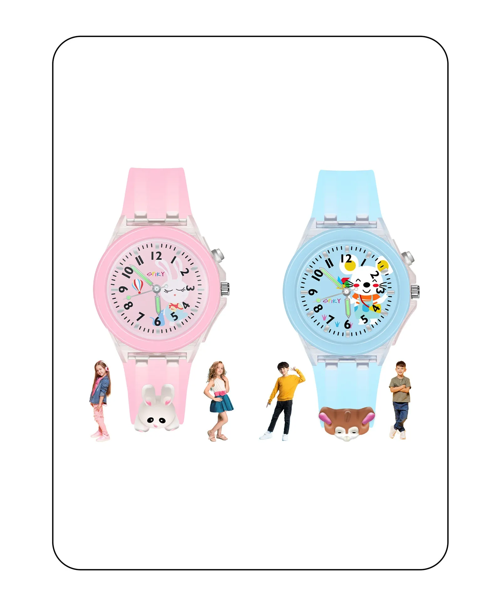 Spiky 3D Butterfly & Monkey Cartoon Analog Light Watch Combo - Puple & Blue