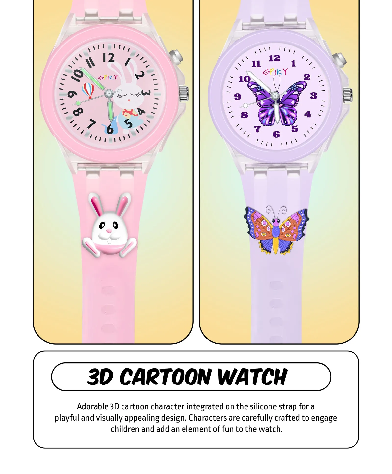 Spiky 3D Butterfly & Monkey Cartoon Analog Light Watch Combo - Puple & Blue