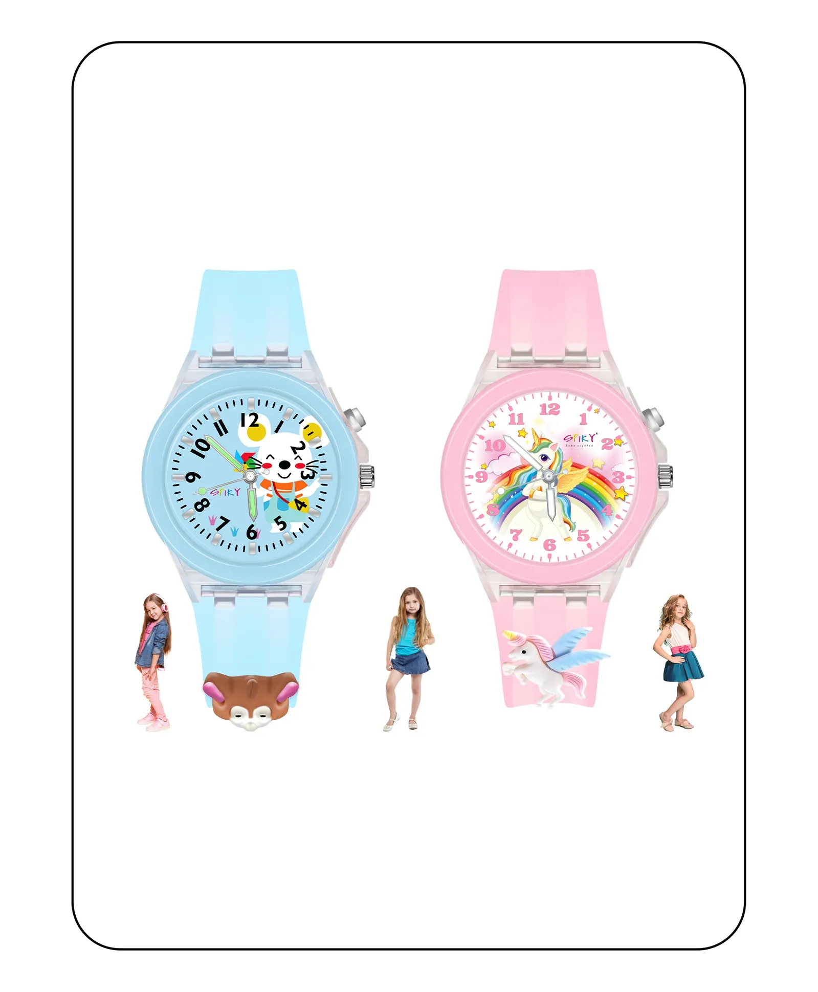 Spiky 3D Butterfly & Monkey Cartoon Analog Light Watch Combo - Puple & Blue