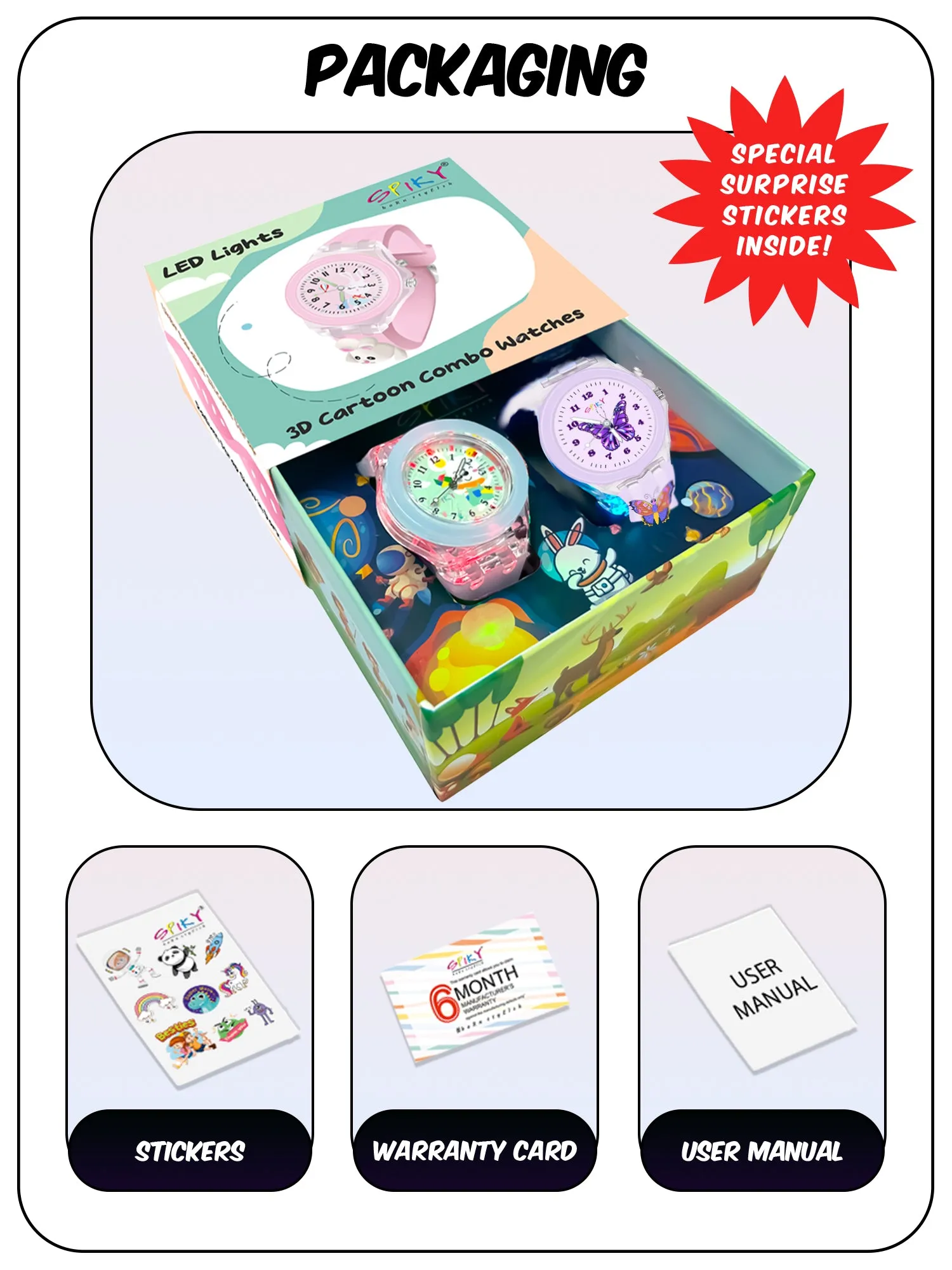 Spiky 3D Butterfly & Monkey Cartoon Analog Light Watch Combo - Puple & Blue