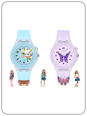 Spiky 3D Butterfly & Monkey Cartoon Analog Light Watch Combo - Puple & Blue