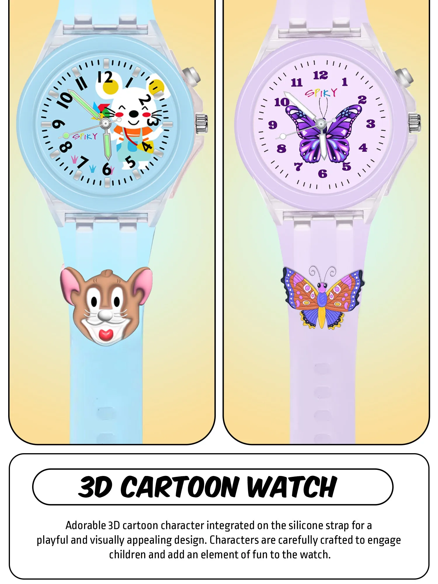 Spiky 3D Butterfly & Monkey Cartoon Analog Light Watch Combo - Puple & Blue