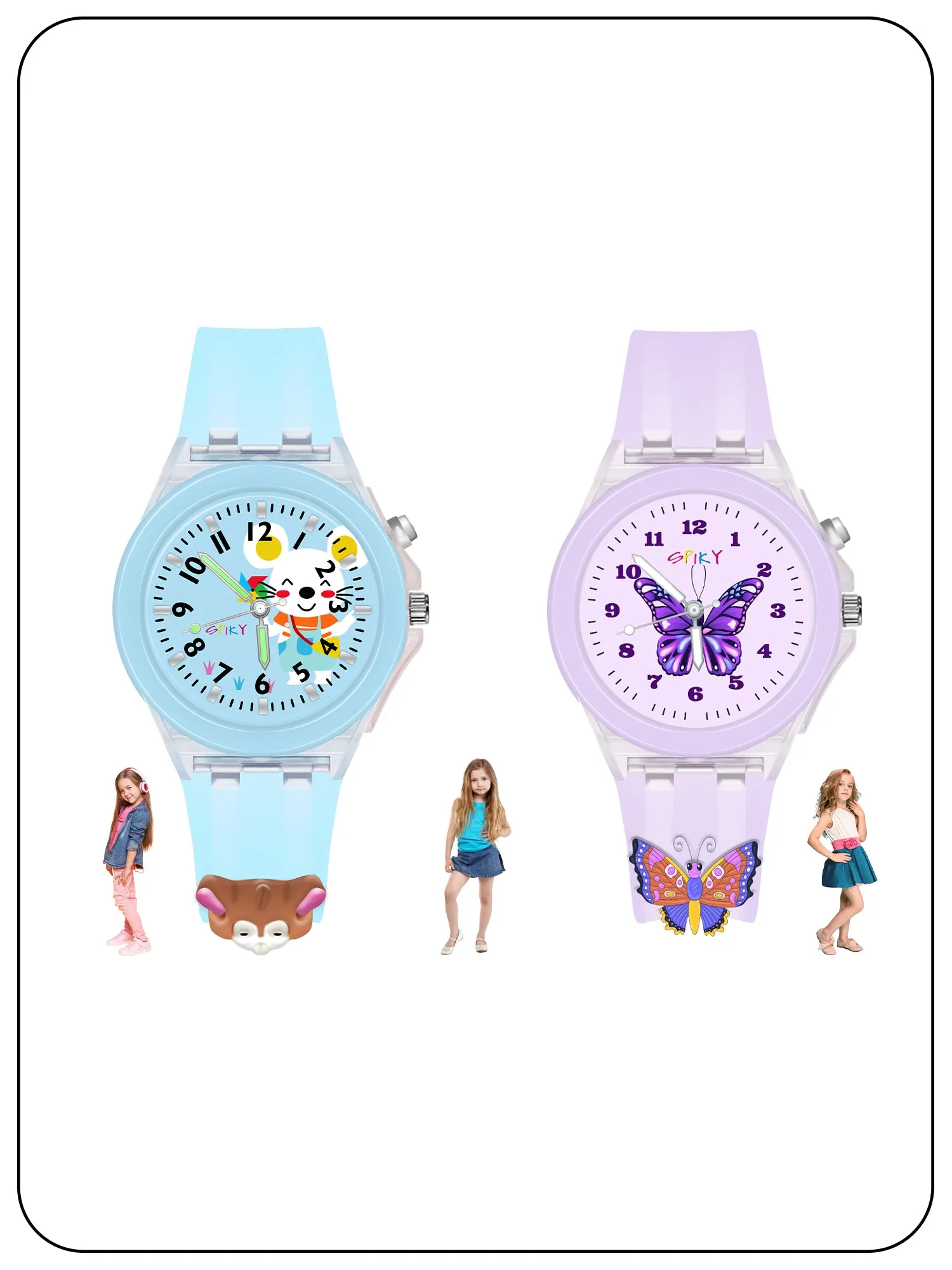 Spiky 3D Butterfly & Monkey Cartoon Analog Light Watch Combo - Puple & Blue