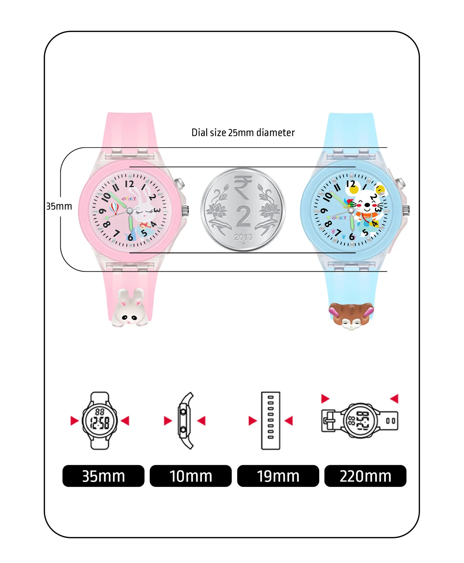 Spiky 3D Butterfly & Monkey Cartoon Analog Light Watch Combo - Puple & Blue