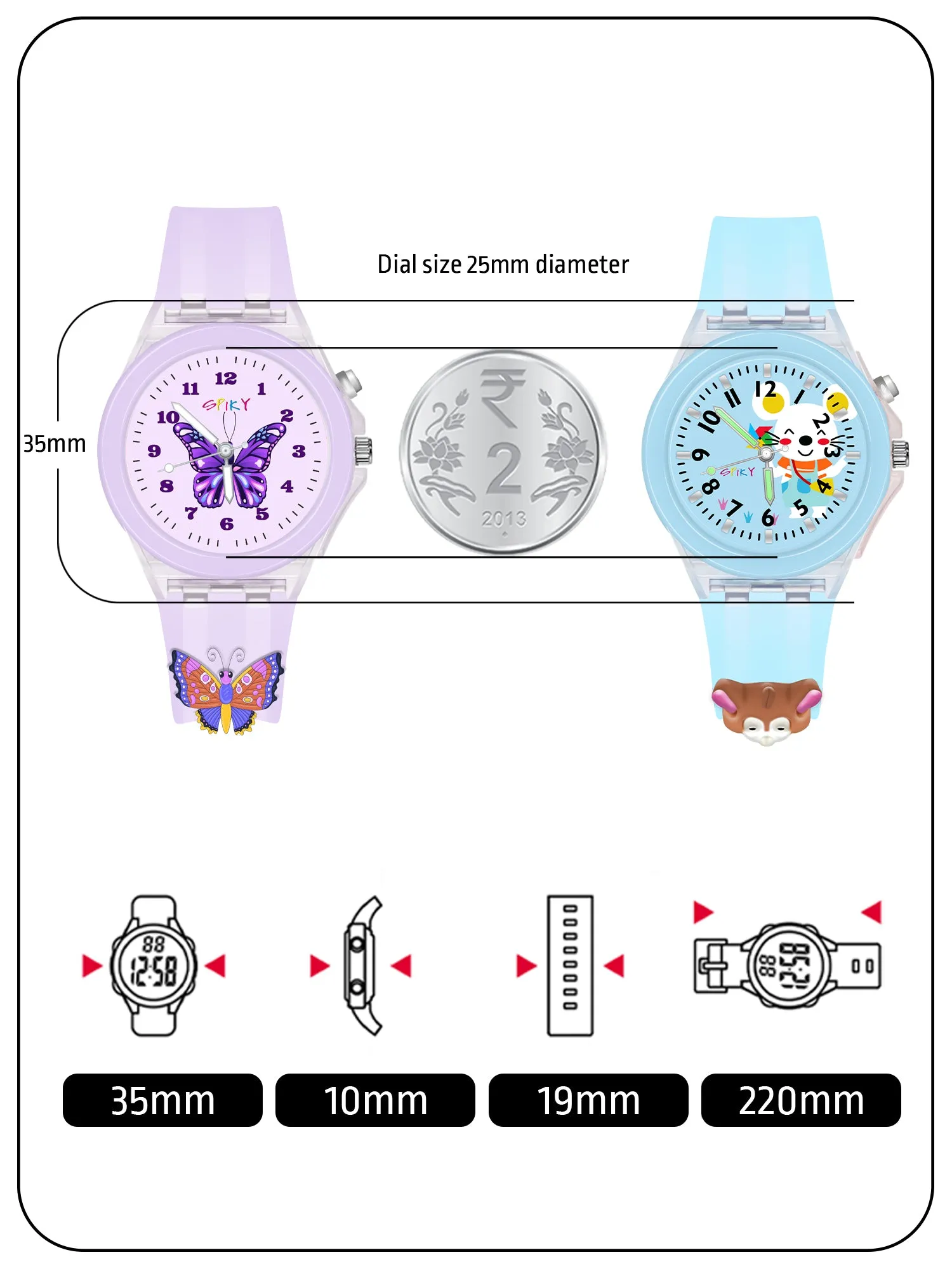 Spiky 3D Butterfly & Monkey Cartoon Analog Light Watch Combo - Puple & Blue
