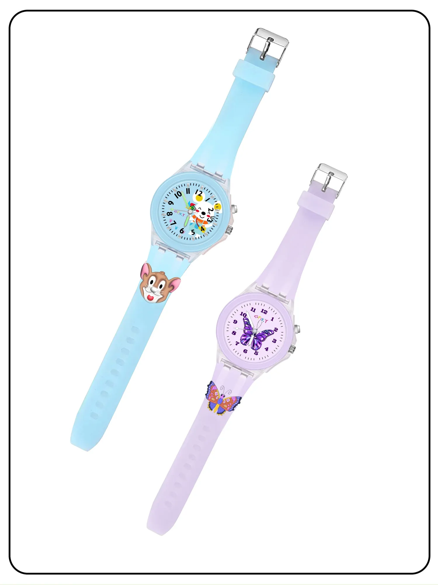 Spiky 3D Butterfly & Monkey Cartoon Analog Light Watch Combo - Puple & Blue