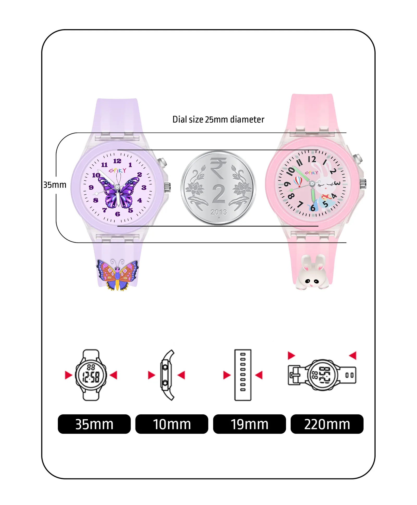 Spiky 3D Butterfly & Monkey Cartoon Analog Light Watch Combo - Puple & Blue