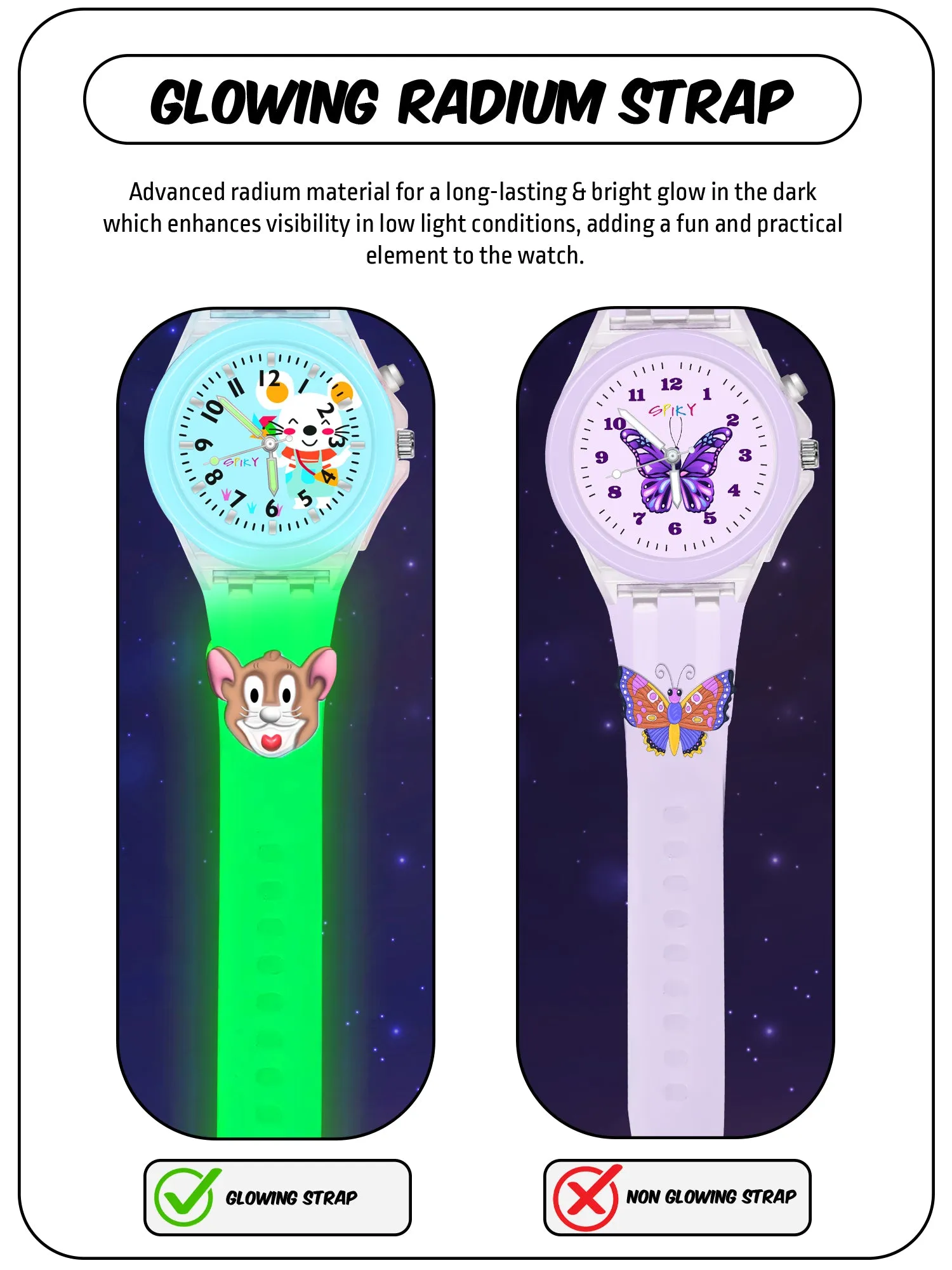 Spiky 3D Butterfly & Monkey Cartoon Analog Light Watch Combo - Puple & Blue