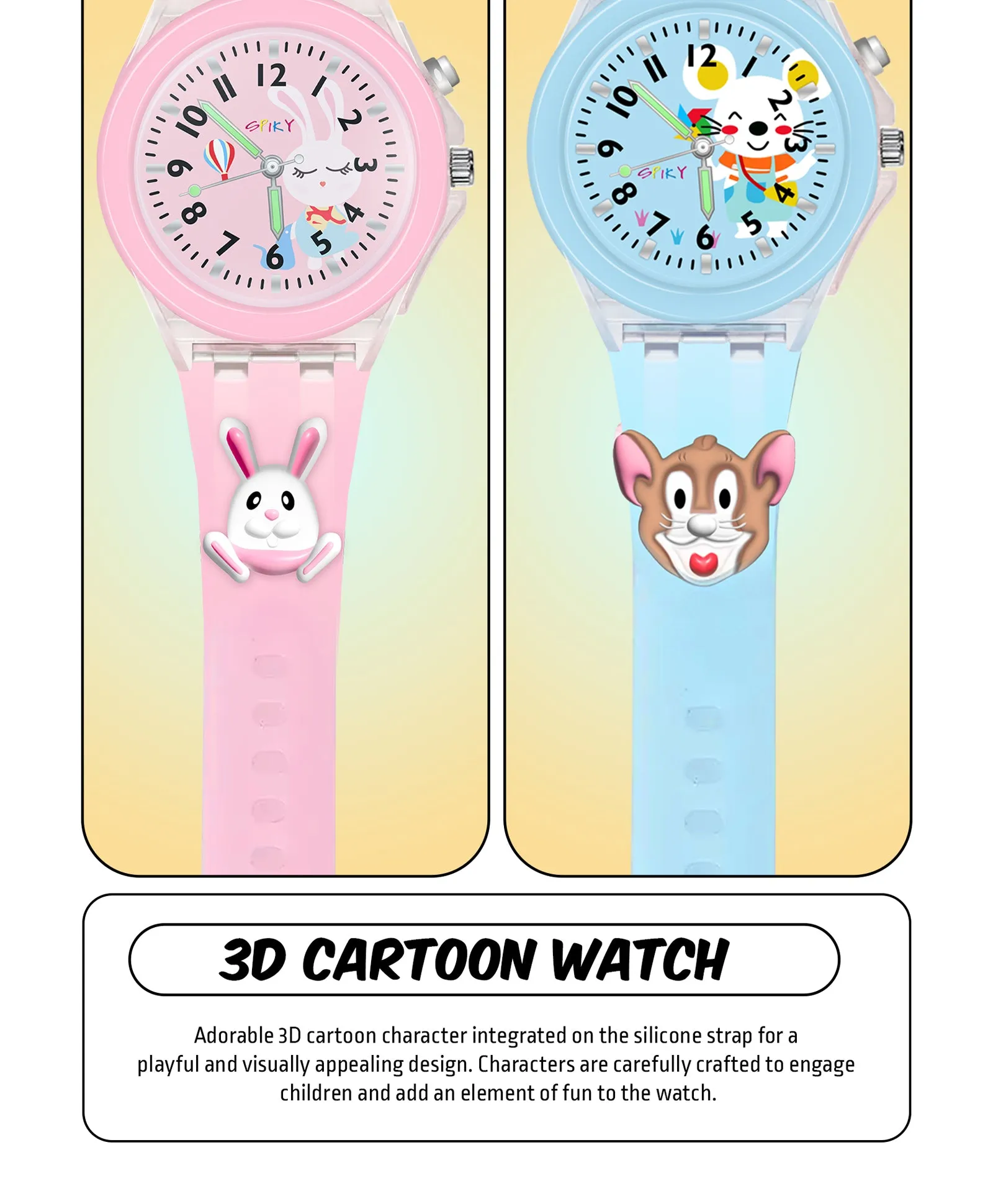 Spiky 3D Butterfly & Monkey Cartoon Analog Light Watch Combo - Puple & Blue