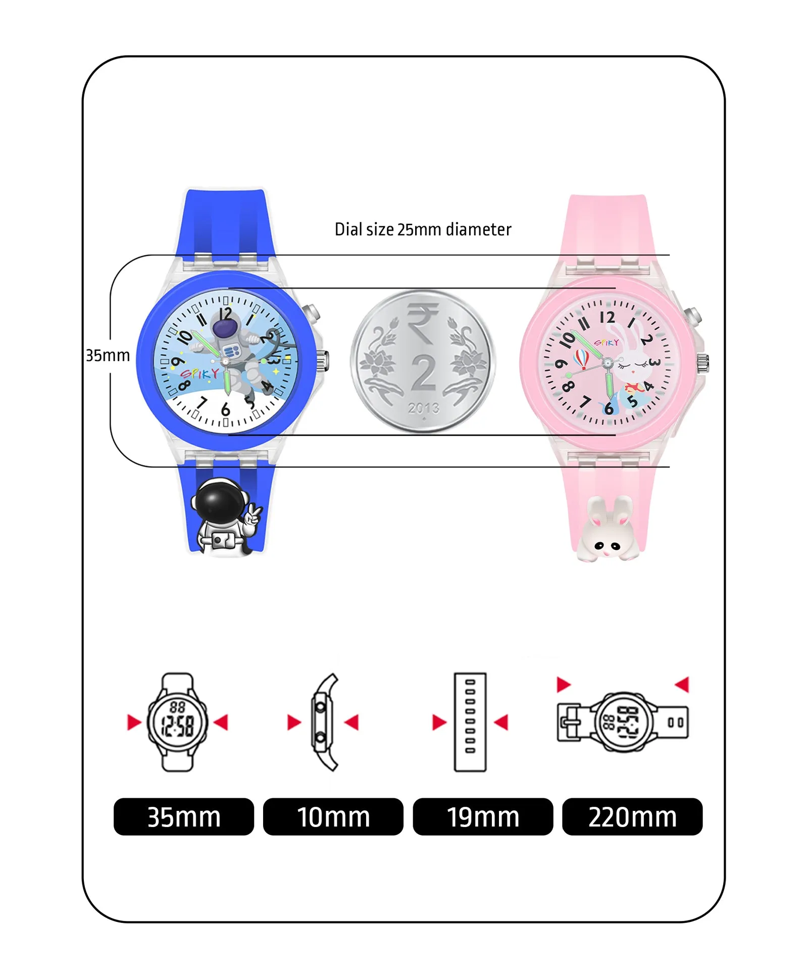 Spiky 3D Butterfly & Monkey Cartoon Analog Light Watch Combo - Puple & Blue