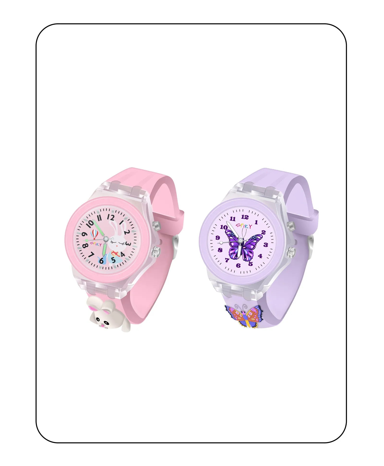 Spiky 3D Butterfly & Monkey Cartoon Analog Light Watch Combo - Puple & Blue