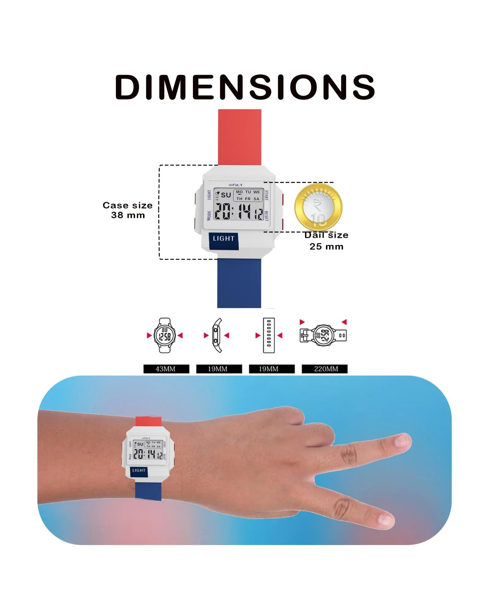Spiky EVA34 Square Multifunctional Digital Sports Watch for Kids - Red