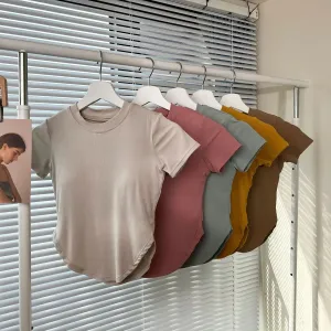 sports solid color cotton round neck active tops t-shirt