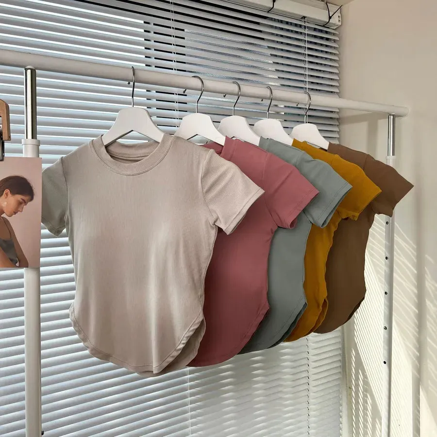 sports solid color cotton round neck active tops t-shirt