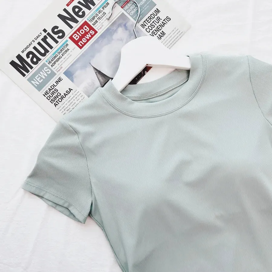 sports solid color cotton round neck active tops t-shirt