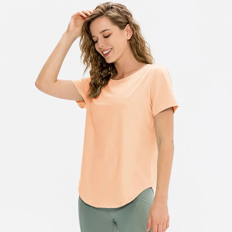 sports solid color polyester polyester spandex round neck active tops t-shirt