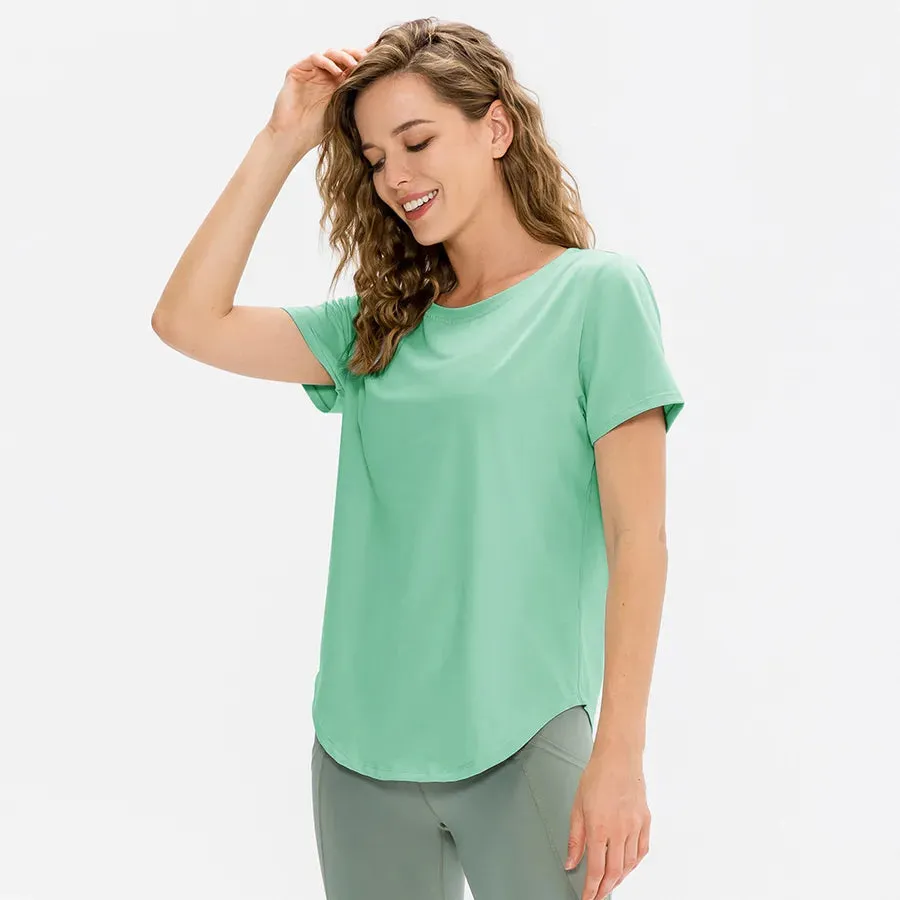 sports solid color polyester polyester spandex round neck active tops t-shirt