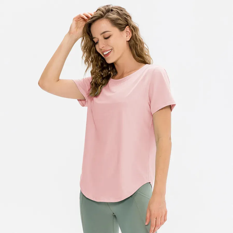 sports solid color polyester polyester spandex round neck active tops t-shirt