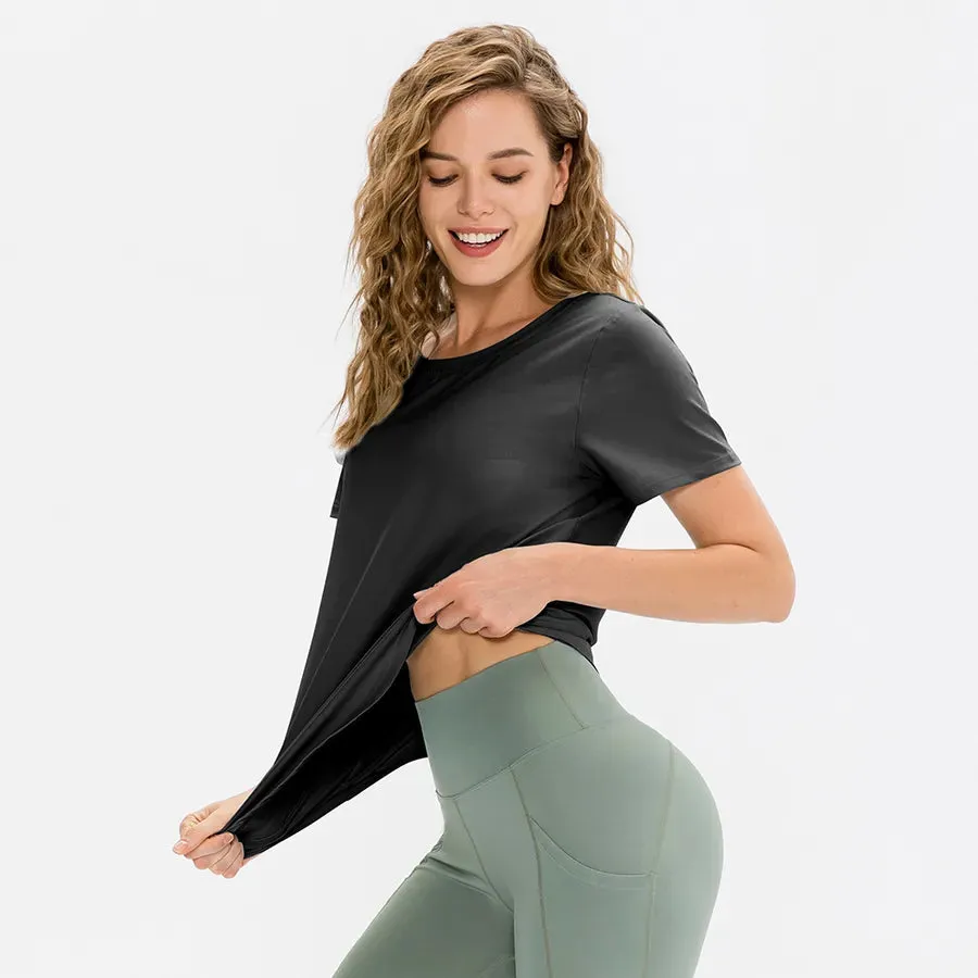 sports solid color polyester polyester spandex round neck active tops t-shirt