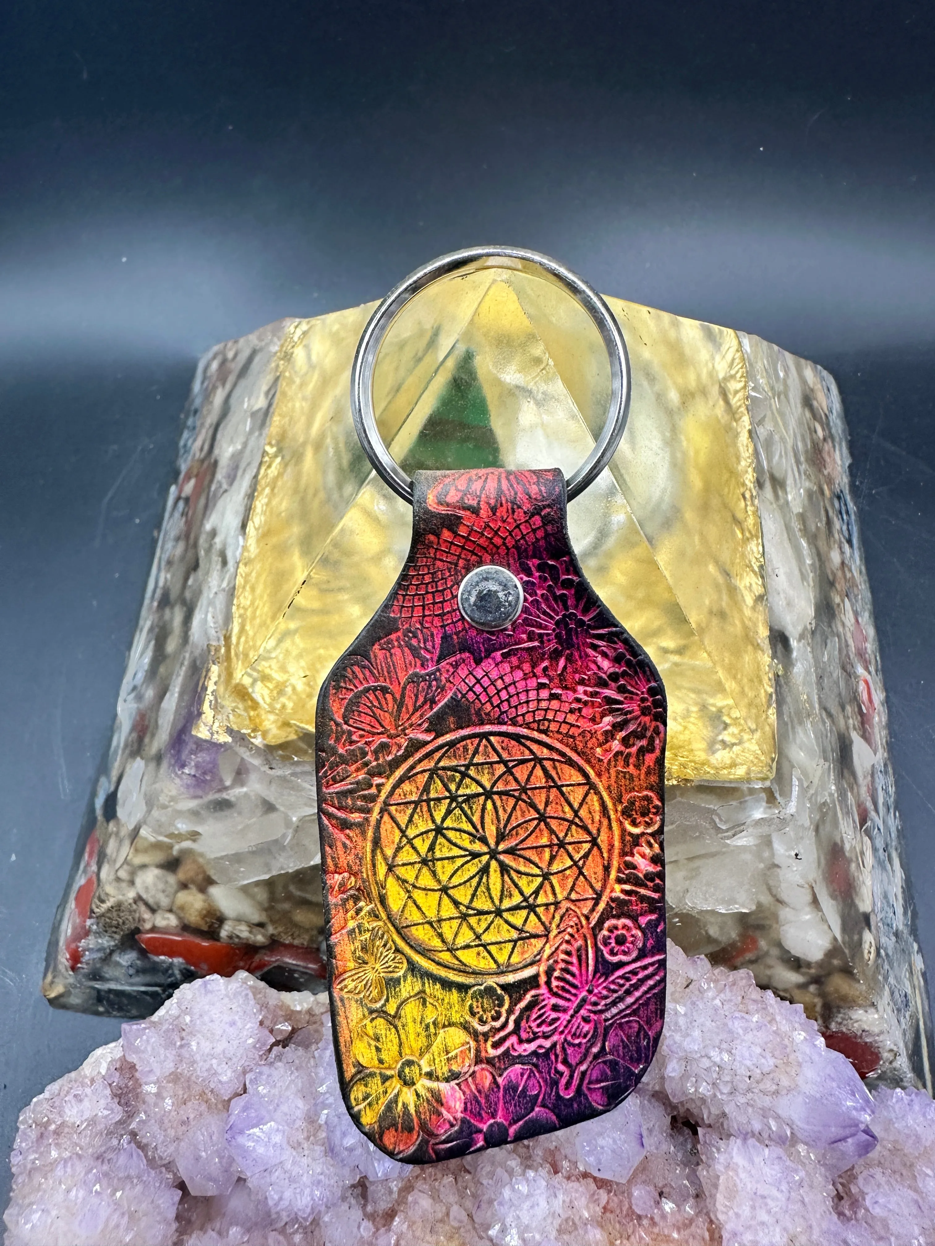 Stamped Leather Keychain - Geometric Circle Mandala