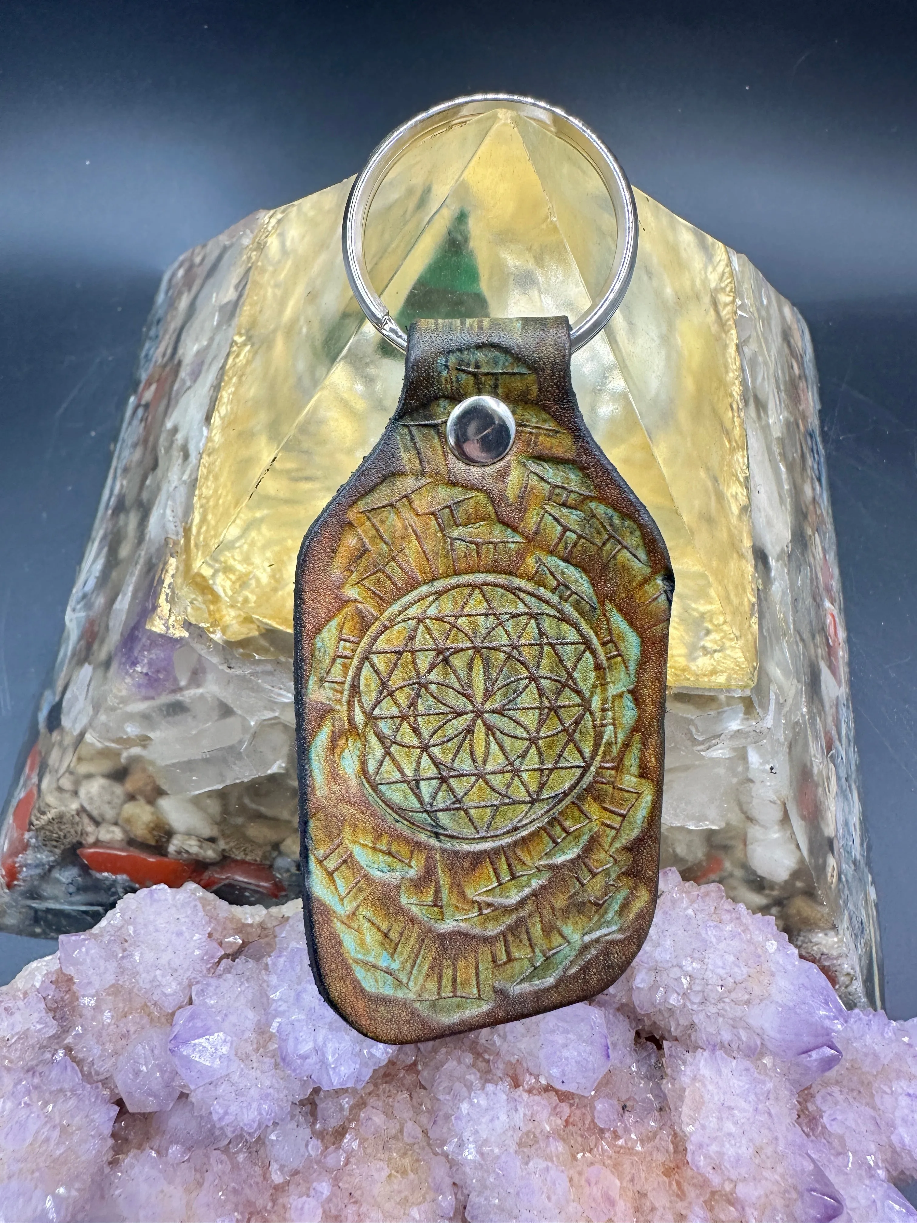 Stamped Leather Keychain - Geometric Circle Mandala